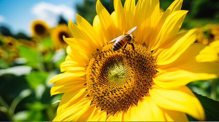 Naklejka premium A close-up of a single sunflower with a bee collecting pollen. AI Generative.