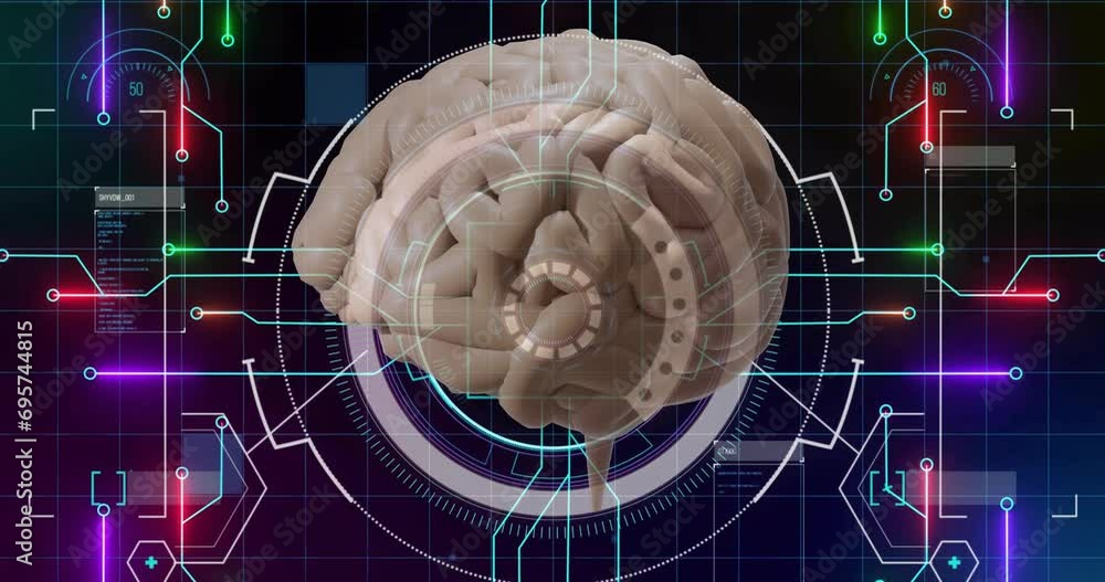 Aufkleber animation of human brain and data processing over circuit board