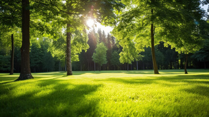 Fresh green nature, Trees in the park with green grass and sunlight.