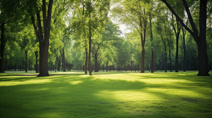 Fototapeta na wymiar Fresh green nature, Trees in the park with green grass and sunlight.
