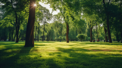 Fototapeta na wymiar Fresh green nature, Trees in the park with green grass and sunlight.