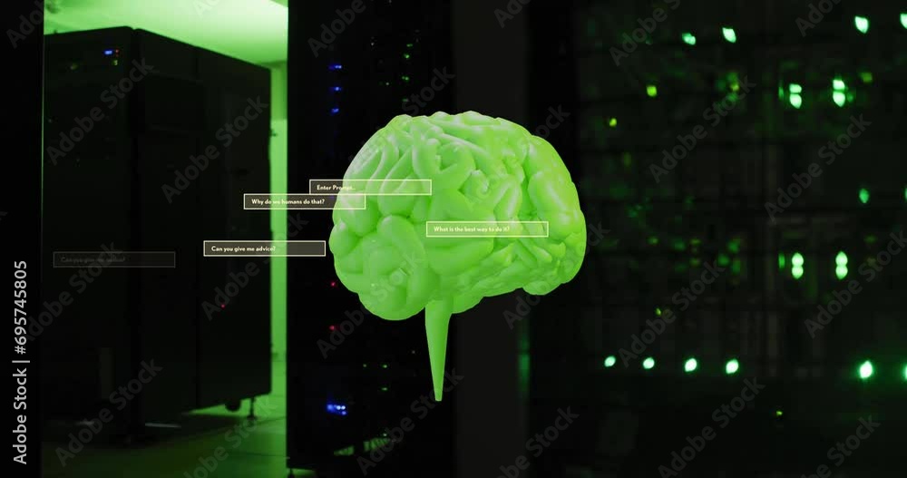 Poster animation of human brain and data processing over circuit board