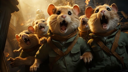 Three frightened hamster in suits rodent against background of fire. Protection of animals and environment concept. AI generated