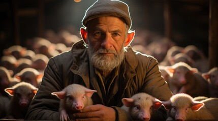agriculture with baby pigs and farmer in pig house. - Powered by Adobe