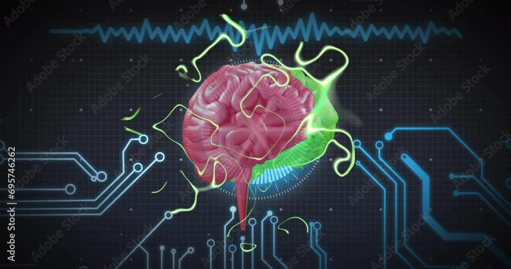 Poster animation of human brain and data processing over circuit board