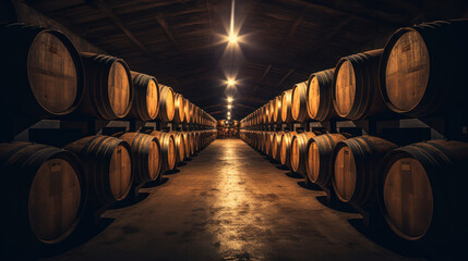 Wine or cognac barrels in the cellar of the winery.