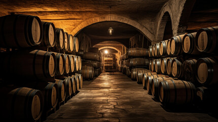 Wine or cognac barrels in the cellar of the winery.
