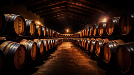 Wine or cognac barrels in the cellar of the winery.