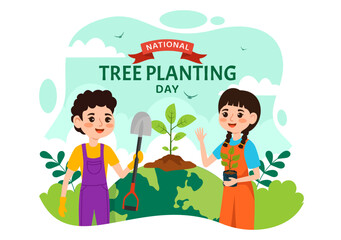 National Tree Planting Day Vector Illustration with Kids Plant Seedling Trees in Forest or Garden in Arbor Flat Cartoon Background Design