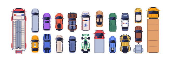 Auto vehicles set, top view. Taxi and SUV car, freight truck, emergency automobiles. Road transport types from above, police, lorry, convertible. Flat vector illustrations isolated on white background - obrazy, fototapety, plakaty