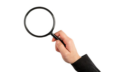Hand holding a magnifying glass - isolated on transparent background