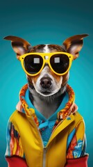 Dog wearing colorful clothes. Vertical background