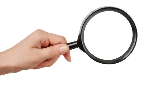 Hand holding a magnifying glass - isolated on transparent background