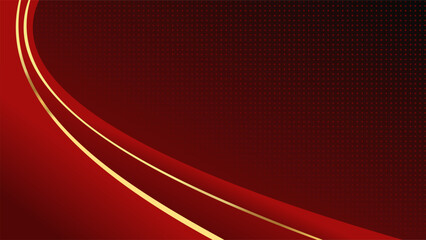 Abstract 3d gold curved red ribbon on red background. Abstract background design with red geometric golden elements.