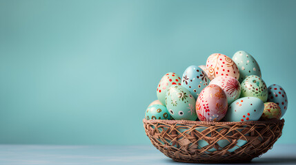 Beautifully painted and decorated easter eggs inside a basket on a green background with copy space - obrazy, fototapety, plakaty