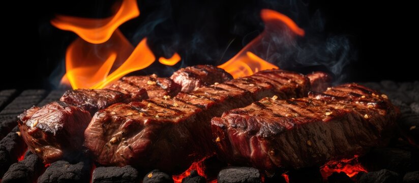 Grilled meat with charcoal pieces.