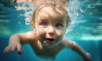 Fototapeta na wymiar a baby swimming in water