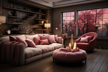Romantic Retreat Modern Valentine's Living Room, modern living room decorated for valentine
