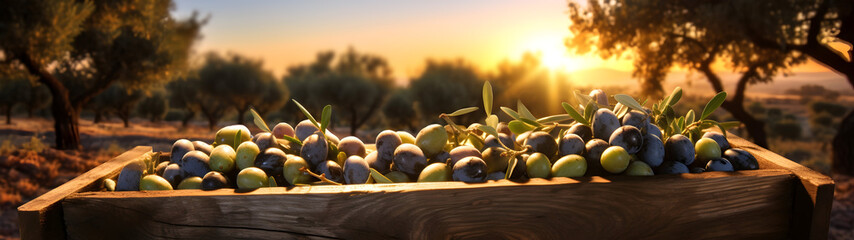 Olives harvested in a wooden box in a plantation with sunset. Natural organic fruit abundance. Agriculture, healthy and natural food concept. Horizontal composition, banner.