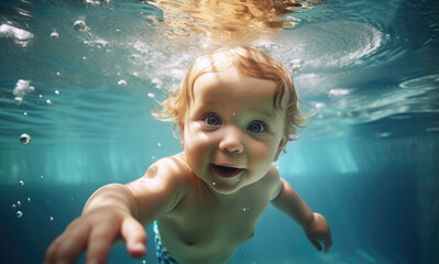Fototapeta na wymiar a baby swimming in water