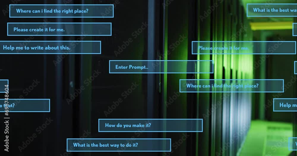 Poster animation of ai text and data processing over computer servers