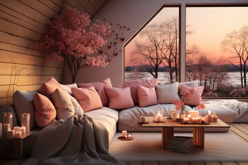 Romantic Retreat Modern Valentine's Living Room, modern living room decorated for valentine - Powered by Adobe