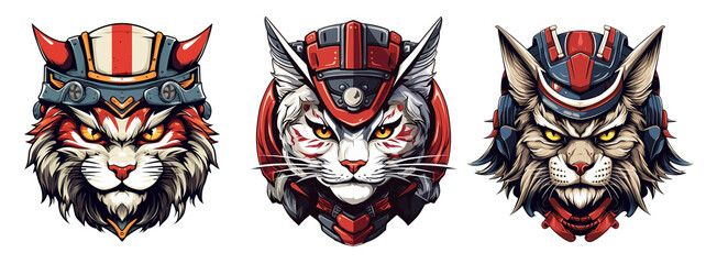 set of cat head mascots wearing helmets
