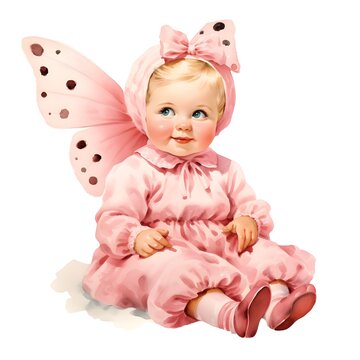 Watercolor vintage 1960s, sitting smile baby wear pink butterfly costume clipart, in the style of glamorous kitsch, uhd image, vintage imagery, associated press photo illustration on white background