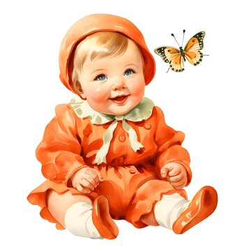 Watercolor vintage 1960s, sitting smile baby wear orange butterfly costume clipart, in the style of glamorous kitsch, uhd image, vintage imagery,  press photo illustration on white background