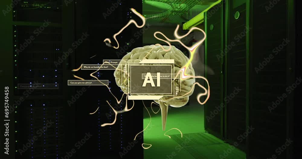 Poster animation of ai text with brain and data processing over computer servers