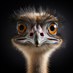 A bird ostrich with funny look, Big bird from Africa, Long neck and long eyelashes.