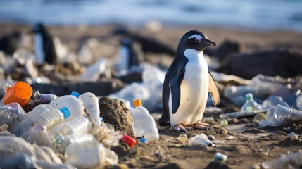 Fotobehang A penguin on the beach with garbage, plastic waste,  concept environmental pollution. Pollution of the ocean and coast. © Wararat