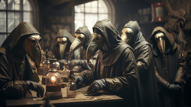 Plague doctors working in an old facility. Doctors who treated the bubonic plague. 