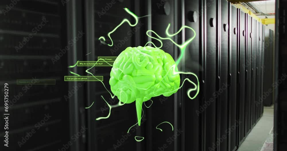 Poster animation of ai text with brain and data processing over computer servers