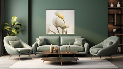 modern cozy living room with monochrome sage green wall contemporary interior design generative ai