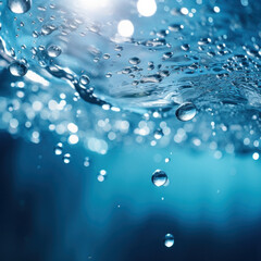 Background of water wave with oxygen bubbles in the underwater clear liquid flowing up to the water surface.