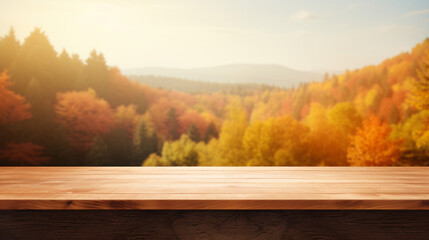 Naklejka na ściany i meble Wood table in autumn landscape with empty copy space