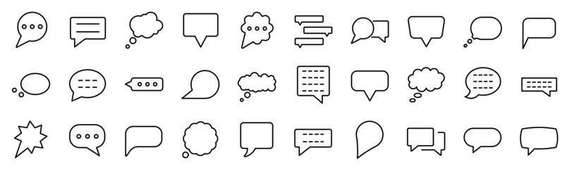 Set of 30 outline icons related to chat bubbles. Linear icon collection. Editable stroke. Vector illustration - obrazy, fototapety, plakaty