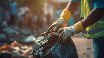 Close up hand of worker collecting garbage of urban municipal are collecting for trash removal. - obrazy, fototapety, plakaty