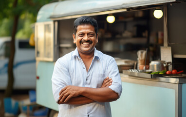 middle aged indian man standing near street food truck - obrazy, fototapety, plakaty