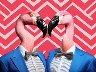 Pink flamingos in suits against a patterned backdrop, mirroring elegance.