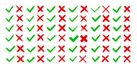 Dirty grunge hand drawn with brush strokes cross X and tick OK check marks V vector illustration set