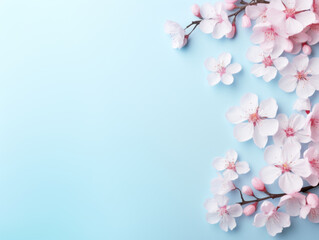 Cherry blossoms on light blue background, flat lay. Space for text