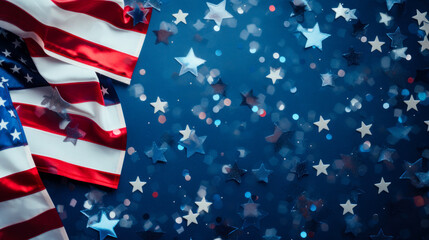 American flag, confetti stars on blue background with copy space.
