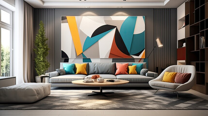 modern cozy living room with vibrant color wall contemporary interior design generative ai