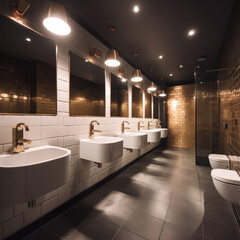 Interior of bathroom with sink basin faucet lined up and public toilet urinals, Modern design. - obrazy, fototapety, plakaty