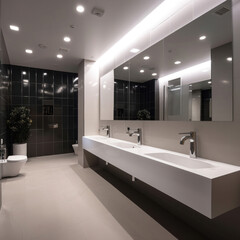 Interior of bathroom with sink basin faucet lined up and public toilet urinals, Modern design.