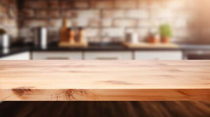 Wooden table on blurred kitchen bench background - obrazy, fototapety, plakaty