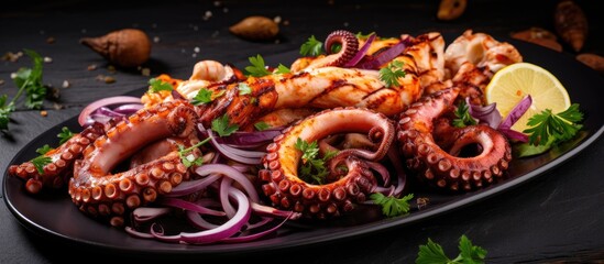 Grilled octopus and onions.