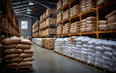 Sacks of goods in a modern warehouse